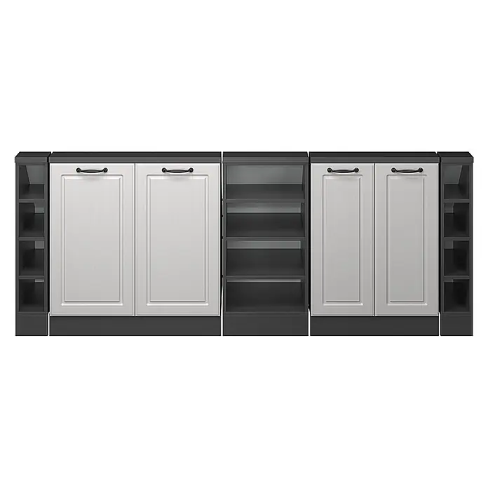Vicco Schrankküche R-Line Weiß Landhaus 5er Set - Weiß Landhaus, Dachschrägenzeile 210cm - Weiße Küchenschränke mit dunkelgrauen offenen Regalen, Arbeitsplatte und Sockel. Modulares Design für Stauraum.