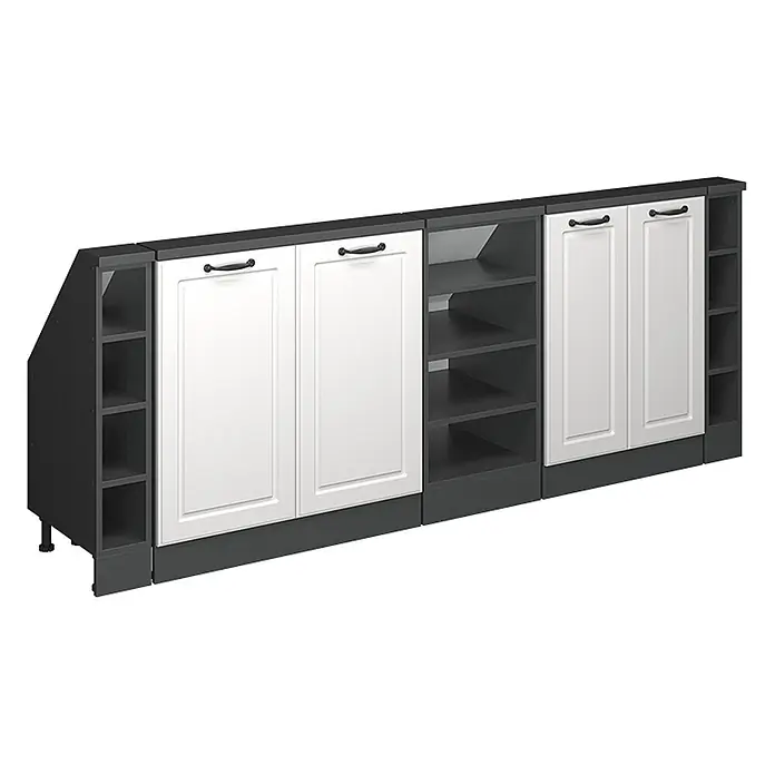 Vicco Schrankküche R-Line Weiß Landhaus 5er Set - Weiß Landhaus, Dachschrägenzeile 210cm - Zweifarbige modulare Aufbewahrungseinheit mit weißen Schranktüren, dunkelgrauen offenen Regalen und schwarzer Arbeitsplatte, mit verstellbaren Füßen.
