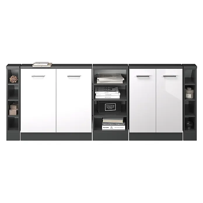 Vicco Schrankküche R-Line Weiß Hochglanz 5er Set - Weiß Hochglanz, Dachschrägenzeile 210cm - Modernes modulares Stauraumsystem mit weißen Hochglanz-Türen und dunkelgrauen offenen Regalen zur Organisation und Präsentation.