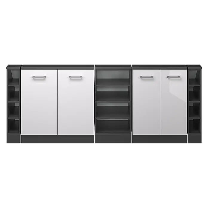 Vicco Schrankküche R-Line Weiß Hochglanz 5er Set - Weiß Hochglanz, Dachschrägenzeile 210cm - Modernes modulares Aufbewahrungsmöbel mit weißen Hochglanztüren, dunkelgrauen offenen Regalen und silbernen Griffen.