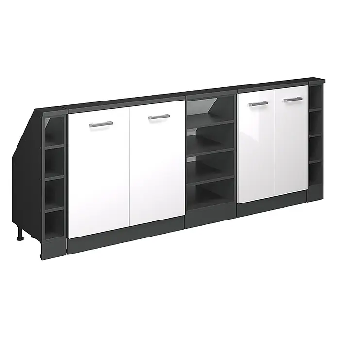 Vicco Schrankküche R-Line Weiß Hochglanz 5er Set - Weiß Hochglanz, Dachschrägenzeile 210cm - Modulare dunkelgrau-weiße Aufbewahrungseinheit mit glänzenden Türen, silbernen Griffen und offenen Regalen, inklusive schrägem Endteil.