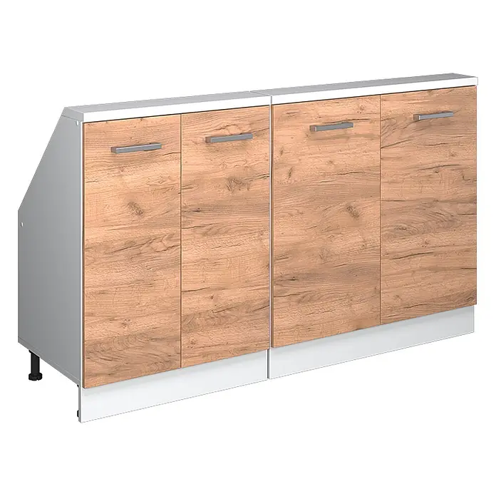 Vicco Schrankküche R-Line Goldkraft Eiche 2er Set - Goldkraft Eiche, Dachschrägenzeile 140cm - Unterschrankeinheit mit hellen Holzfronten, weißer Arbeitsplatte und grauem Korpus mit weißem Sockel.