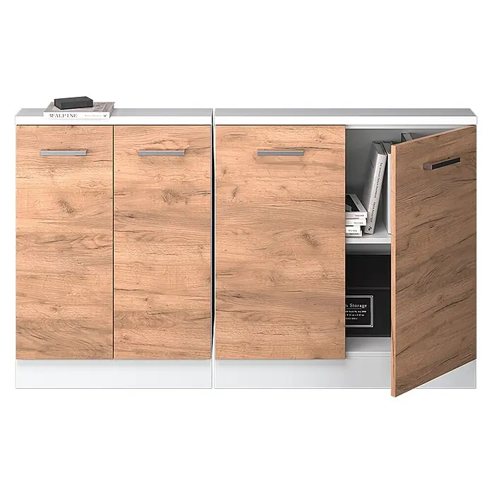 Vicco Schrankküche R-Line Goldkraft Eiche 2er Set - Goldkraft Eiche, Dachschrägenzeile 140cm - Zwei hellbraune Holzoptik-Schränke mit weißen Oberflächen und Sockeln, einer offen mit Büchern und Aufbewahrungsbox.