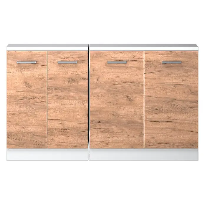Vicco Schrankküche R-Line Goldkraft Eiche 2er Set - Goldkraft Eiche, Dachschrägenzeile 140cm - Paar Unterschränke in heller Holzoptik mit weißen Arbeitsplatten und Sockeln sowie silbernen Griffen.