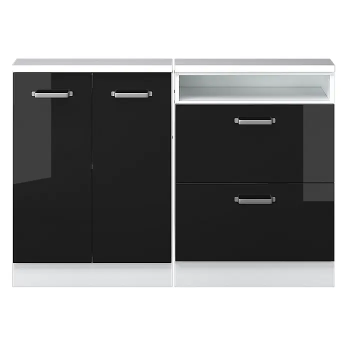 Vicco Küchenleerblock R-Line Schwarz Hochglanz 2er Set - Breite: 120 cm, Schwarz Hochglanz - Glänzendes schwarz-weißes Aufbewahrungsmöbel mit zwei Türen, einem offenen Fach und zwei Schubladen mit silbernen Griffen.