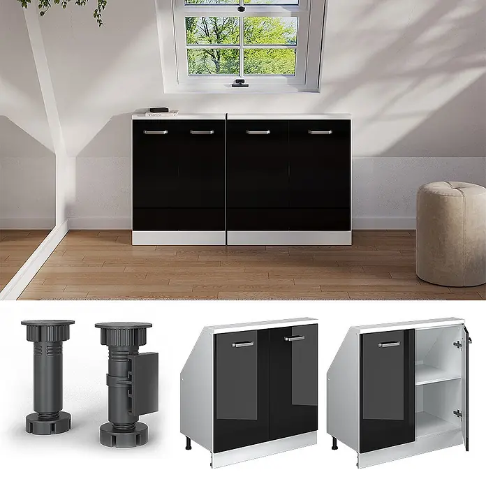 Vicco Küchenschrank für Dachschrägen R-Line, Schwarz Hochglanz, 80 cm -  - Schwarzer Hochglanz-Dachschrägenschrank mit weißer Ober- und Unterseite. Mit verstellbaren Füßen.