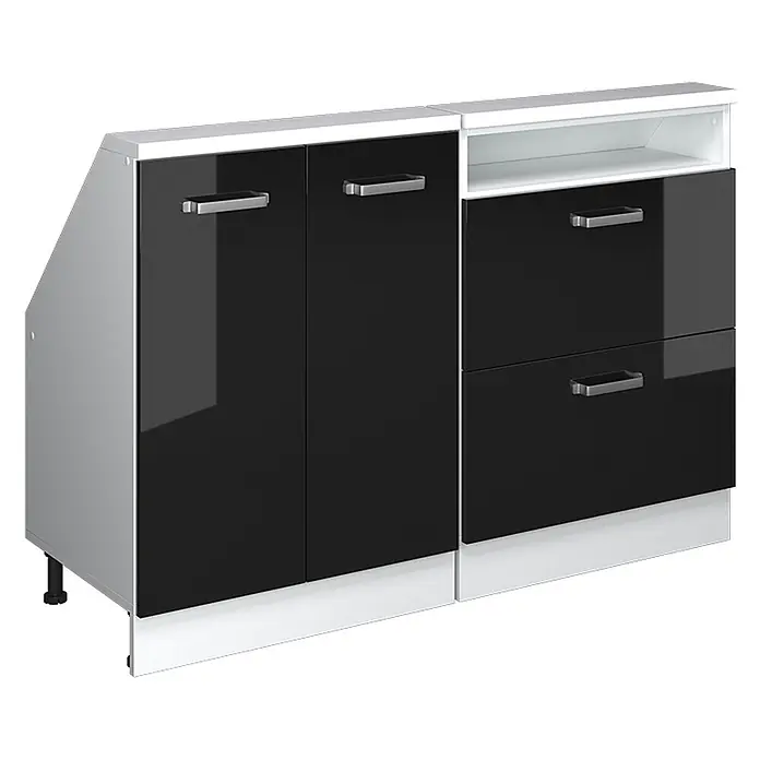 Vicco Küchenleerblock R-Line Schwarz Hochglanz 2er Set - Breite: 120 cm, Schwarz Hochglanz - Moderner Schrank mit glänzend schwarzen Fronten, weißer Platte/Sockel, silbernen Seiten, Türen, Schubladen, offenem Fach.