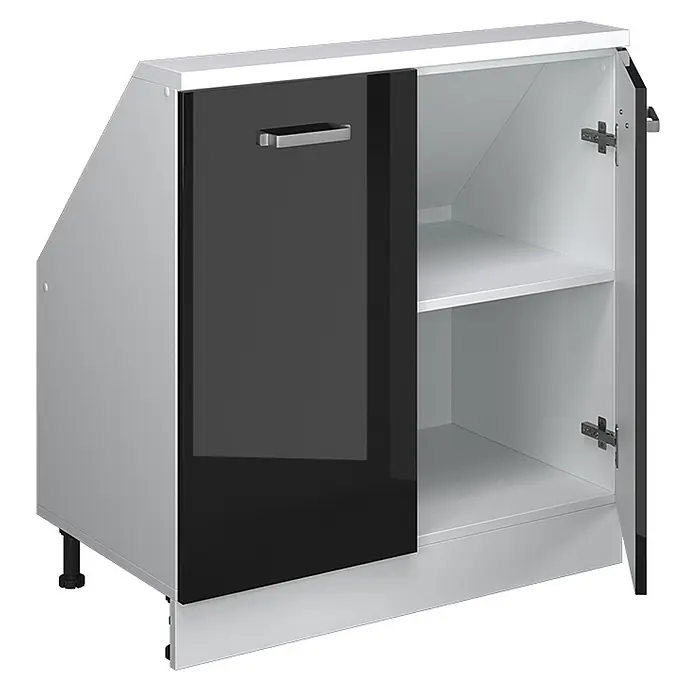 Vicco Küchenschrank für Dachschrägen R-Line, Schwarz Hochglanz, 80 cm -  - Zweitüriger Unterschrank mit abgeschrägter Seite. Eine hochglanzschwarze Tür, eine offene weiße Tür mit zwei Regalböden, verstellbare Füße.
