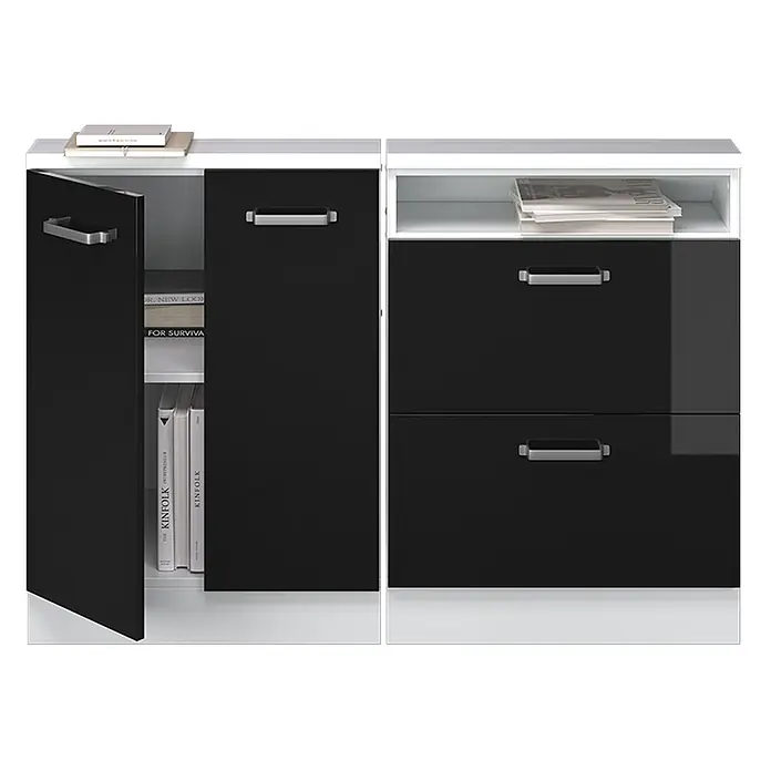 Vicco Küchenleerblock R-Line Schwarz Hochglanz 2er Set - Breite: 120 cm, Schwarz Hochglanz - Schwarze Hochglanz- und weiße modulare Aufbewahrungseinheit mit silbernen Griffen, bestehend aus Schränken, offenen Fächern und Schubladen.