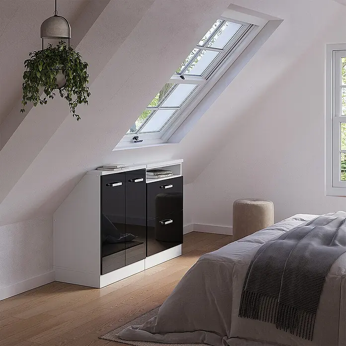 Vicco Küchenleerblock R-Line Schwarz Hochglanz 2er Set - Breite: 120 cm, Schwarz Hochglanz - Schwarz-weißes Hochglanzschrank, für Dachschrägen konzipiert, im Schlafzimmer.