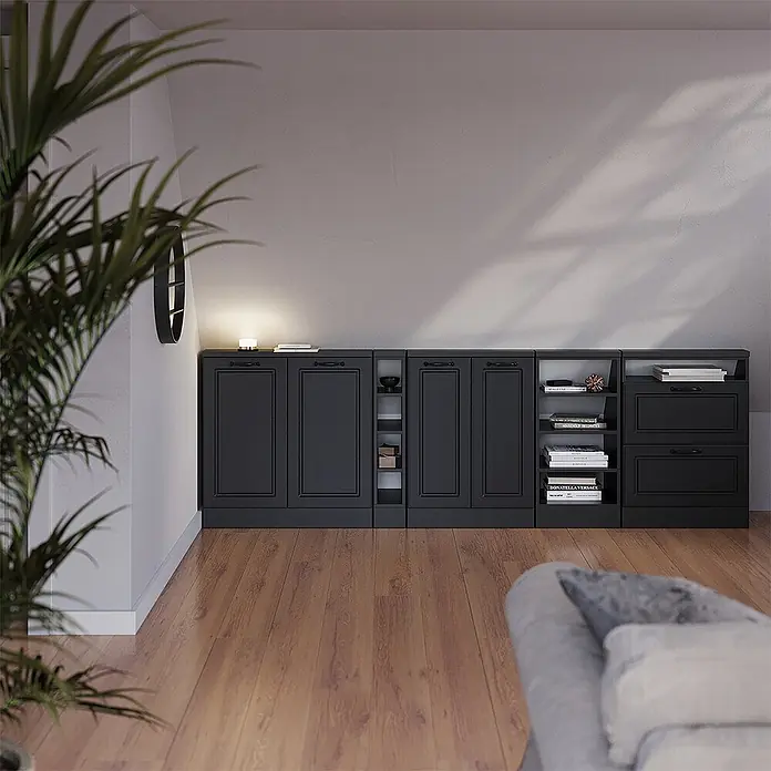 Vicco Schrankküche R-Line Anthrazit Landhaus mit 2 Türen - Anthrazit Landhaus, Dachschrägenschrank 80cm - Dunkelgraue modulare Schränke und Regale, die perfekt in ein Dachzimmer unter einer Schräge integriert sind.