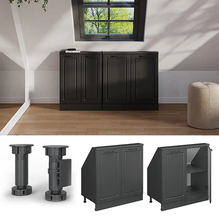 Vicco Schrankküche R-Line Anthrazit Landhaus mit 2 Türen - Anthrazit Landhaus, Dachschrägenschrank 80cm - Dunkelgrauer Dachschrägenschrank mit zwei Türen und verstellbaren Füßen, unter einer Schräge montiert.