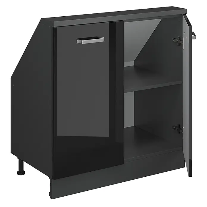 Vicco Küchenleerblock R-Line Schwarz Hochglanz mit 2 Türen - Breite: 80 cm, Schwarz Hochglanz - Dunkelgrauer angeschrägter Schrank mit glänzender Tür und offenem Fach mit zwei Einlegeböden.