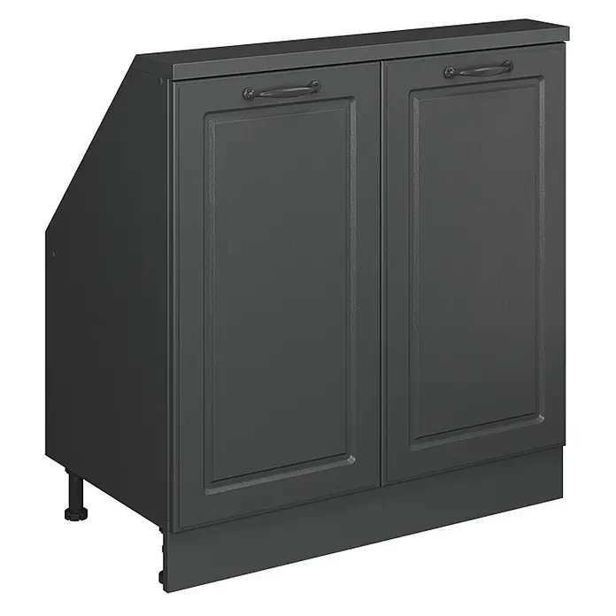 Vicco Schrankküche R-Line Anthrazit Landhaus mit 2 Türen - Anthrazit Landhaus, Dachschrägenschrank 80cm - Dunkelgrauer Unterschrank mit zwei Kassettentüren, schwarzen Griffen und einer schrägen linken Seite, geeignet für Dachschrägen oder Treppenbereiche.