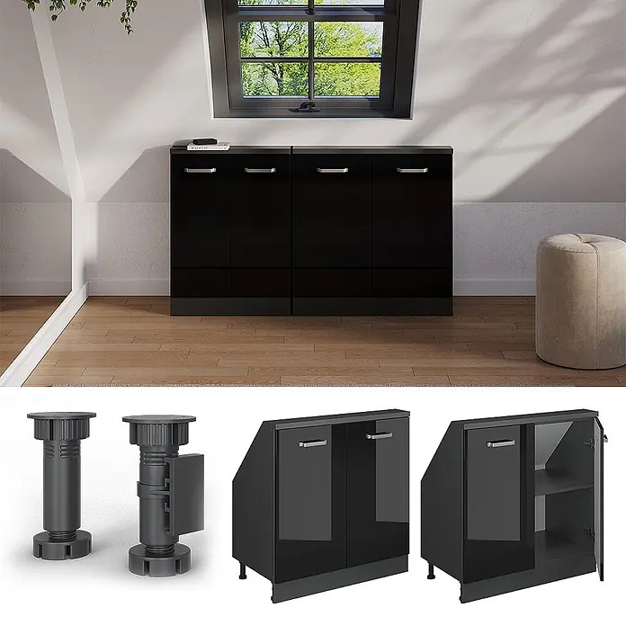 Vicco Küchenleerblock R-Line Schwarz Hochglanz mit 2 Türen - Breite: 80 cm, Schwarz Hochglanz - Zwei schwarze hochglänzende Aufbewahrungsschränke mit Chromgriffen, schräger Oberseite, verstellbaren Füßen und Innenregalen.