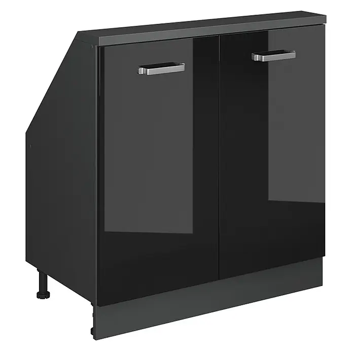 Vicco Küchenleerblock R-Line Schwarz Hochglanz mit 2 Türen - Breite: 80 cm, Schwarz Hochglanz - Schwarzer Hochglanz-Unterschrank mit zwei Türen, Chromgriffen, dunkelgrauem Sockel und angeschrägter Rückseite für Eckplatzierung.