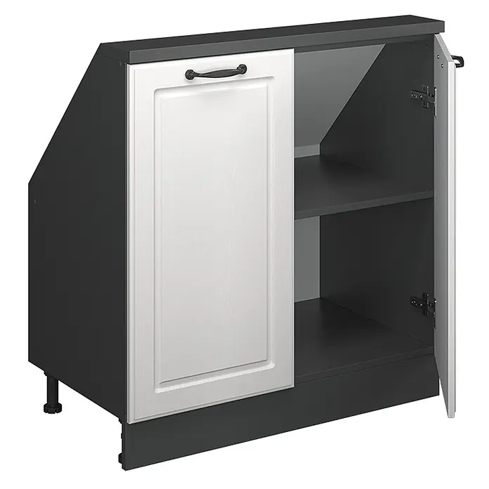 Vicco Küchenschrank für Dachschrägen R-Line, Weiß Landhaus, 80 cm -  - Dunkelgrauer schräger Unterschrank mit weißer Tür und schwarzem Griff, zeigt zwei Innenböden.