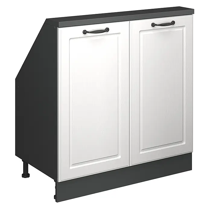 Vicco Küchenschrank für Dachschrägen R-Line, Weiß Landhaus, 80 cm -  - Weißer Küchenunterschrank mit zwei Kassettentüren, schwarzen Griffen, schwarzer Arbeitsplatte und dunkelgrauen Seiten.