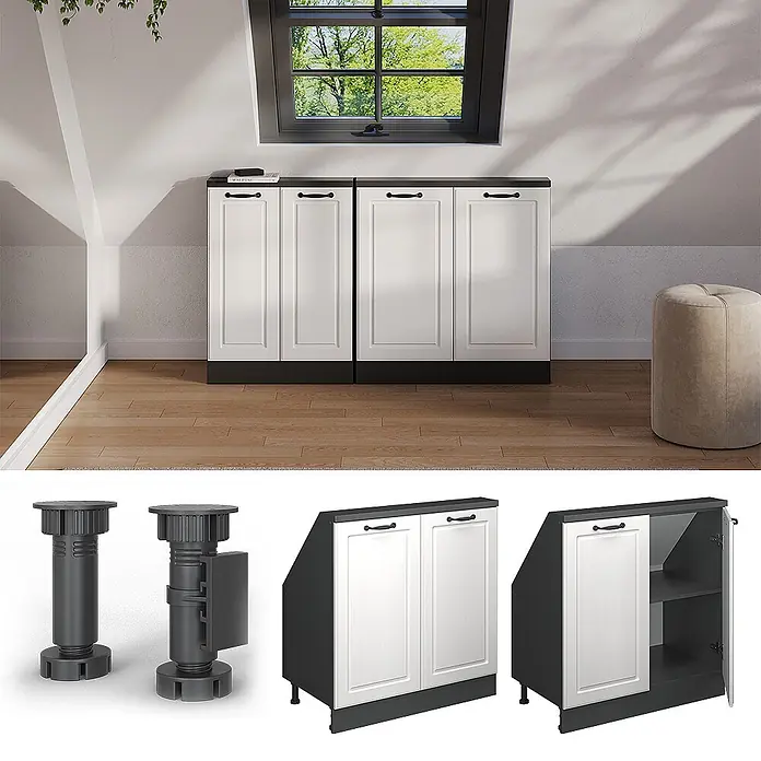 Vicco Küchenschrank für Dachschrägen R-Line, Weiß Landhaus, 80 cm -  - Weiße und schwarze Dachschrägenschränke mit schrägen Seiten, verstellbaren Füßen und Innenablagen.