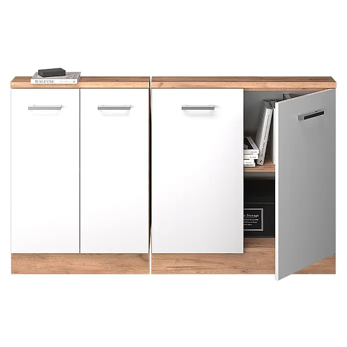 Vicco Schrankküche R-Line Weiß Hochglanz 2er Set - Weiß Hochglanz, Dachschrägenzeile 140cm - Weiß-holzfarbener Schrank mit mehreren Türen, eine offenbart Stauraum für Bücher und Gegenstände.