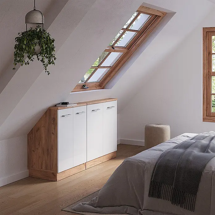 Vicco Schrankküche R-Line Weiß Hochglanz 2er Set - Weiß Hochglanz, Dachschrägenzeile 140cm - Weißer und holzfarbener Schrank, perfekt unter Dachschräge in einem Schlafzimmer angepasst.