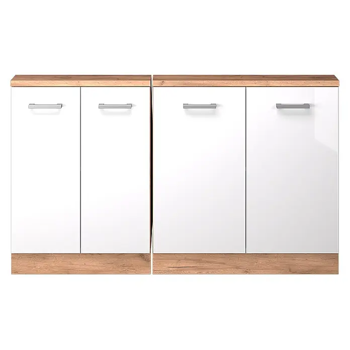 Vicco Schrankküche R-Line Weiß Hochglanz 2er Set - Weiß Hochglanz, Dachschrägenzeile 140cm - Zwei weiße Schränke mit Holzplatten und -sockeln, je zwei Türen und silbernen Griffen.