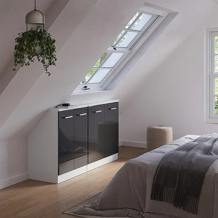 Vicco Schrankküche R-Line Anthrazit Hochglanz 2er Set - Anthrazit Hochglanz, Dachschrägenzeile 140cm - Weiße Dachschrägen-Schränke mit hochglänzenden dunkelgrauen Türen, passend für ein helles Schlafzimmer.
