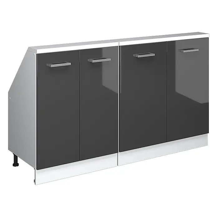 Vicco Schrankküche R-Line Anthrazit Hochglanz 2er Set - Anthrazit Hochglanz, Dachschrägenzeile 140cm - Zweiteiliger hochglänzender dunkelgrauer Unterschrank mit silbernen Griffen und weißem Sockel, hellgraue Seiten. Die linke Einheit ist abgeschrägt.