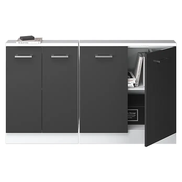 Vicco Schrankküche R-Line Anthrazit Hochglanz 2er Set - Anthrazit Hochglanz, Dachschrägenzeile 140cm - Modernes Sideboard mit weißem Rahmen und dunkelgrauen Türen, eine Tür offenbart Bücher und eine Aufbewahrungsbox.