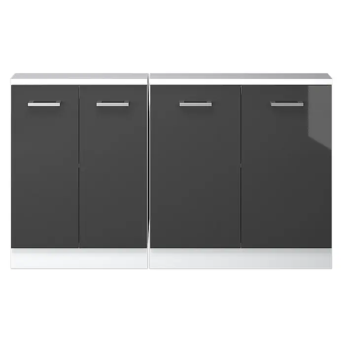 Vicco Schrankküche R-Line Anthrazit Hochglanz 2er Set - Anthrazit Hochglanz, Dachschrägenzeile 140cm - Glänzender anthrazitfarbener 4-türiger Schrank mit weißer Ober- und Unterseite und Chromgriffen.