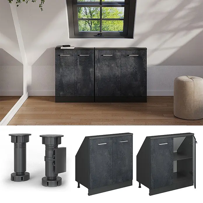Vicco Küchenschrank für Dachschrägen R-Line, Schwarz Beton, 80 cm -  - Zwei anthrazitfarbene Dachschrägenschränke mit texturierter Oberfläche, verstellbaren Füßen und Innenregalen, ideal für Dachböden.