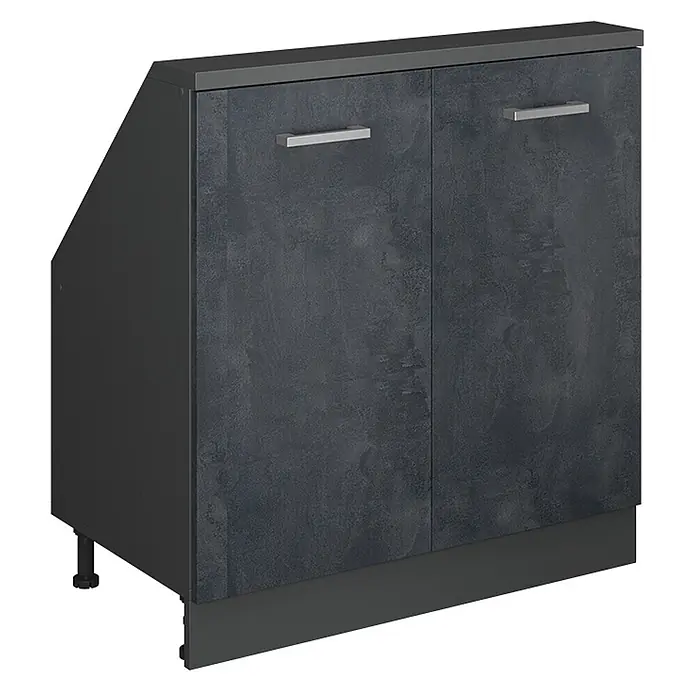 Vicco Küchenschrank für Dachschrägen R-Line, Schwarz Beton, 80 cm -  - Dunkelgrauer Unterschrank mit zwei Türen in Betonoptik, silbernen Griffen und abgeschrägter Seitenwand.