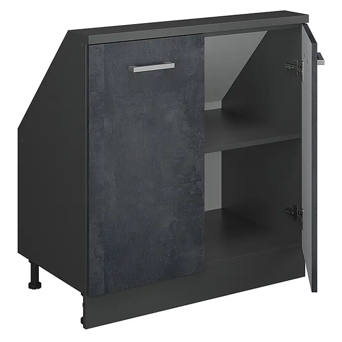 Vicco Küchenschrank für Dachschrägen R-Line, Schwarz Beton, 80 cm -  - Angewinkelter dunkelgrauer Unterschrank mit Betontür, offenem Fach und zwei Innenregalen.