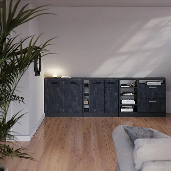 Vicco Küchenschrank für Dachschrägen R-Line, Schwarz Beton, 80 cm -  - Modulares dunkelgraues Aufbewahrungssystem mit geschlossenen Schränken, offenen Regalen und Schubladen, an einer Wand integriert.