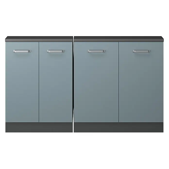 Vicco Schrankküche R-Line Blau-Grau 2er Set - Blau-Grau, Dachschrägenzeile 140cm - Zwei hellblaue Lagerschränke mit dunkelgrauen Platten und Sockeln, und silbernen Griffen.