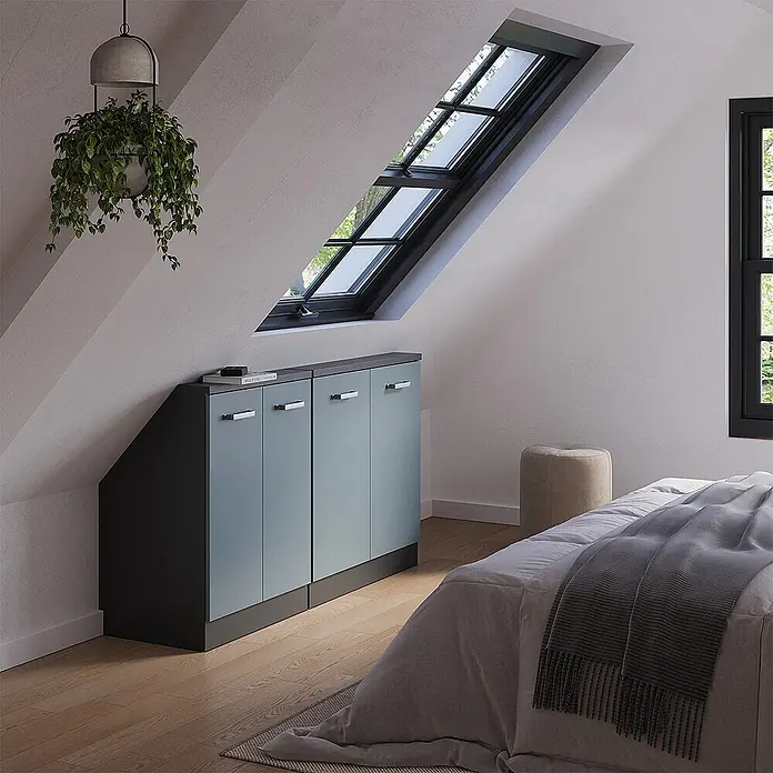 Vicco Schrankküche R-Line Blau-Grau 2er Set - Blau-Grau, Dachschrägenzeile 140cm - Modulare hellblau-dunkelgraue Schränke mit Metallgriffen, passend für schräge Dachschrägen.