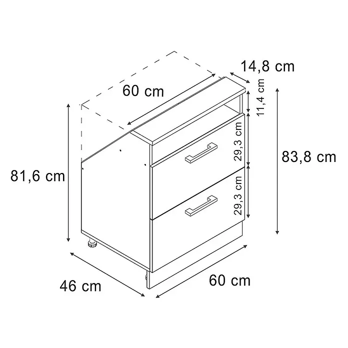Vicco Schrankküche R-Line Beton mit 2 Schubladen - Beton, Dachschrägenschrank 60cm mit Schublade - Schrank mit zwei Schubladen und einem offenen Fach, Maße 60x46x83,8 cm.