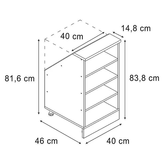 Vicco Schrankküche R-Line Weiß mit 4 Fächern - Dachschrägenschrank 40cm offen - Eckunterschrank mit Regalböden.