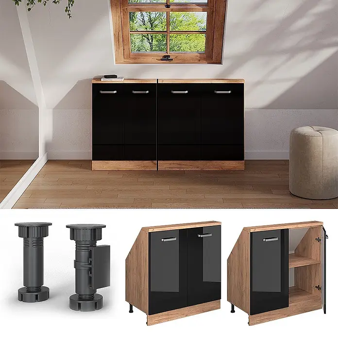 Vicco Küchenleerblock R-Line Schwarz Hochglanz mit 2 Türen - Breite: 80 cm, Schwarz Hochglanz - Schwarz-Holz-Schuhschrank mit abgeschrägter Oberseite und verstellbaren Füßen, ideal für Dachschrägen.