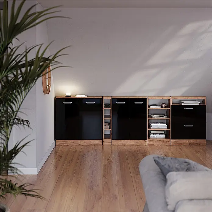 Vicco Küchenleerblock R-Line Schwarz Hochglanz mit 2 Türen - Breite: 80 cm, Schwarz Hochglanz - Modulares Schranksystem mit glänzend schwarzen Türen und Eichenakzenten, bietet vielseitigen Stauraum.