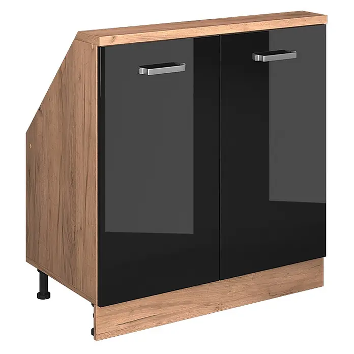 Vicco Küchenleerblock R-Line Schwarz Hochglanz mit 2 Türen - Breite: 80 cm, Schwarz Hochglanz - Moderner Küchenunterschrank mit schwarzen Hochglanztüren, hellem Holzdekor und abgewinkelter linker Seite.