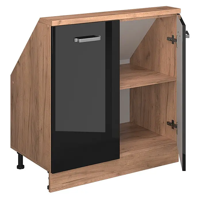 Vicco Küchenleerblock R-Line Schwarz Hochglanz mit 2 Türen - Breite: 80 cm, Schwarz Hochglanz - Unterschrank in Holzoptik mit glänzender schwarzer Tür, offenem Fach und schräger linker Seite.