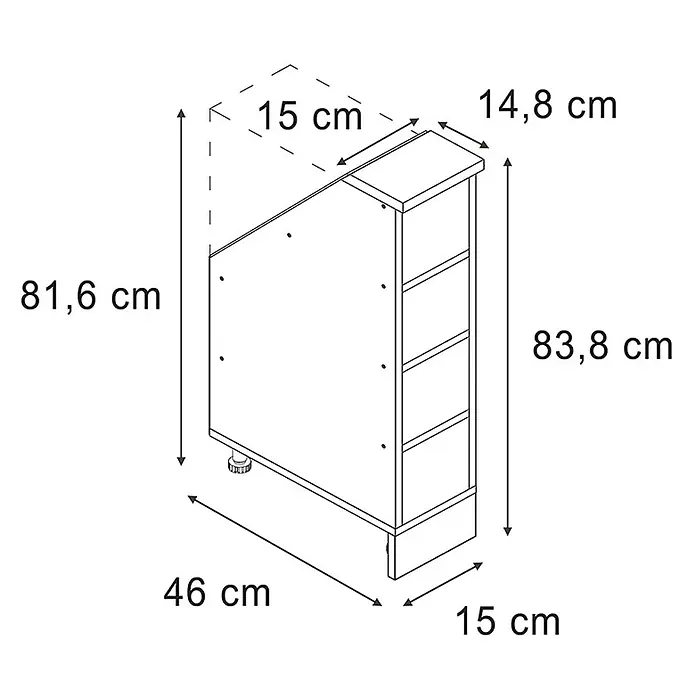 Vicco Schrankküche R-Line Weiß mit 4 Fächern - Dachschrägenschrank 15 cm offen - Schmaler Küchenunterschrank mit verstellbaren Füßen und offenen Regalen, 83,8 cm hoch, 46 cm tief, ca. 15 cm breit.