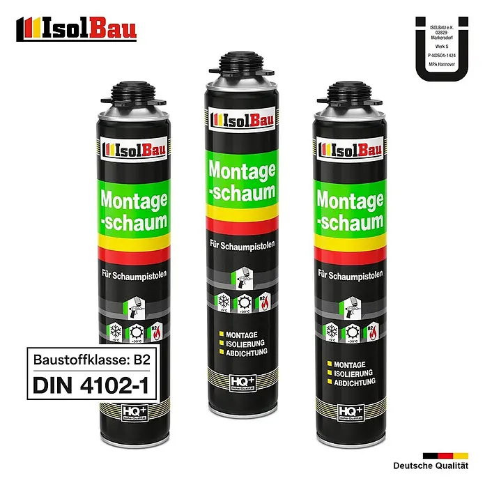 IsolBau Bauschaum 3 x Montageschaum 750 ml - 750 ml - Drei schwarze IsolBau Montageschaum-Dosen mit grün-gelb-roten Streifen und B2 Brandschutzklasse für Schaumpistolen.