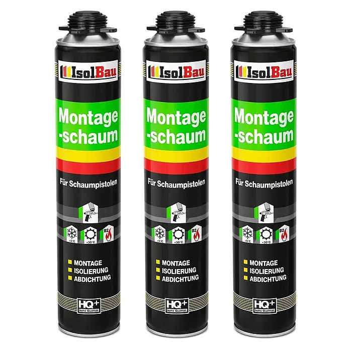 IsolBau Bauschaum 3 x Montageschaum 750 ml - 750 ml - Drei schwarze IsolBau Montageschaum-Dosen für Schaumpistolen, geeignet für Montage, Isolierung und Abdichtung.
