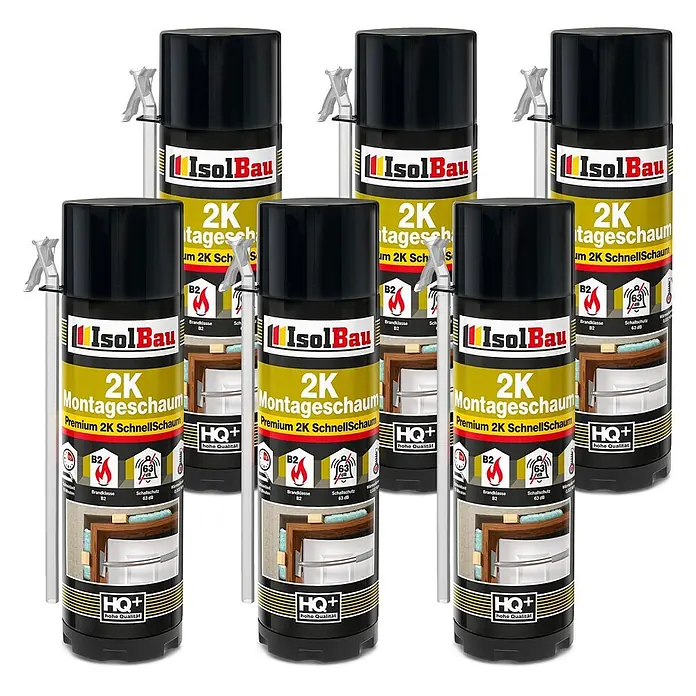 IsolBau 2K-Montageschaum 6 x Bauschaum 2K - 400 ml - Sechs schwarze und gelbe Dosen IsolBau 2K Premium Montageschaum für Isolierung, mit Brandklasse B2 und 63 dB Schallschutz.
