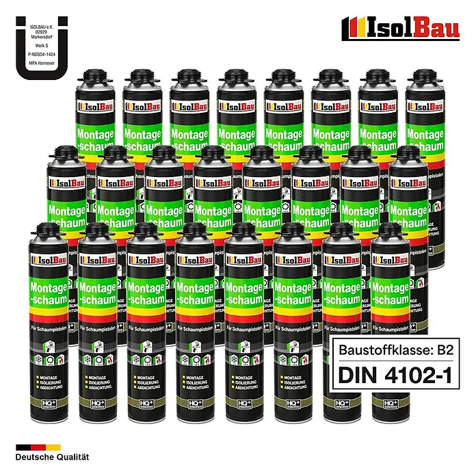 IsolBau Bauschaum 24 x Montageschaum 750 ml - 750 ml - 21 schwarze IsolBau Montageschaum-Dosen mit grünen Etiketten für Bauanwendungen.