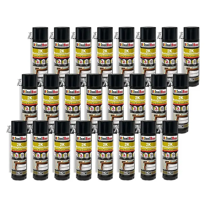 IsolBau 2K-Montageschaum 24 x Bauschaum 2K - 400 ml - Schwarze und silberne Dosen IsolBau 2K Montageschaum, mit gelben Etiketten und Applikatoren.