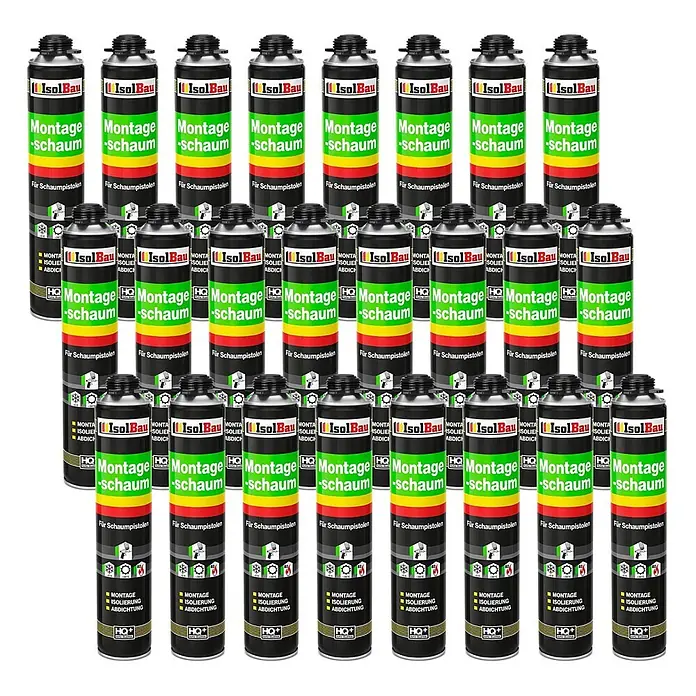 IsolBau Bauschaum 24 x Montageschaum 750 ml - 750 ml - Viele schwarze Aerosoldosen mit grünen und gelben Etiketten für IsolBau Montageschaum.