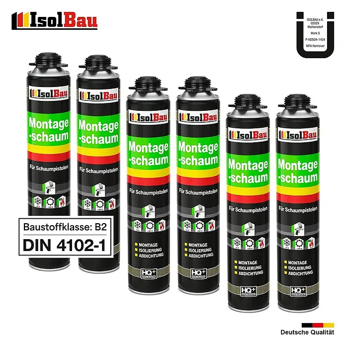 IsolBau Bauschaum 6 x Montageschaum 750 ml - 750 ml - Sechs schwarze/grüne IsolBau Montageschaumdosen für Schaumpistolen, B2 Brandschutzklasse, für Montage, Isolierung, Abdichtung.